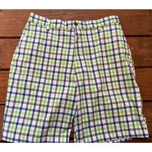 Ralph Lauren CHAPs Golf Blue/Green/Gray Plaid Flat Front 100% Cotton Shorts 36